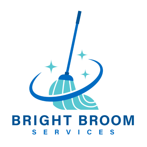 Blue and teal logo with sparkling broom for cleaning services